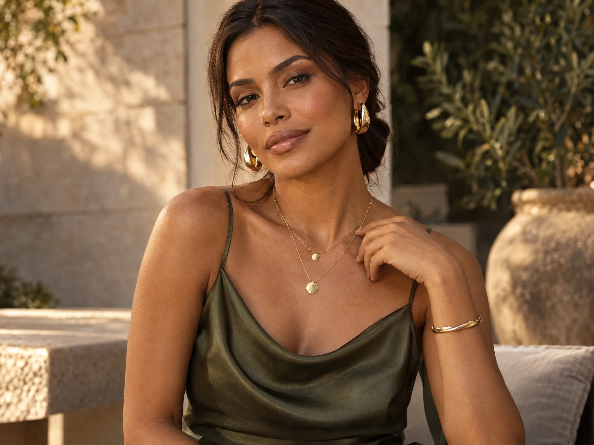 Modelo usando brincos, colares e pulseira dourados, com roupa verde oliva e luz quente
